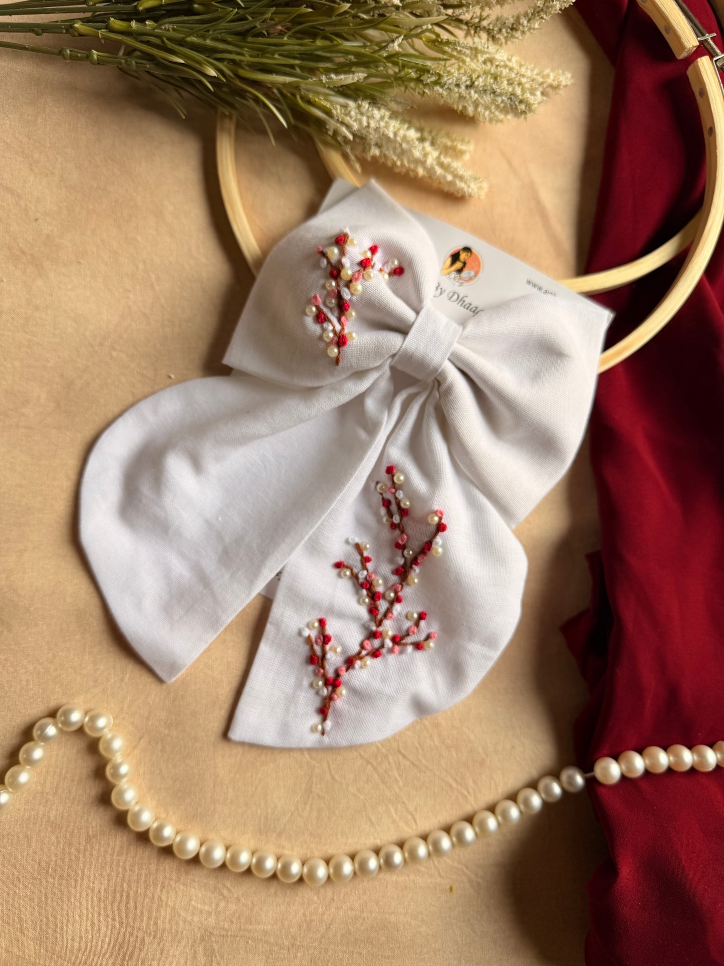 Cherry Blossom Hand Embroidered Bow Hair Clip – White