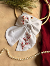 Cherry Blossom Hand Embroidered Bow Hair Clip – White