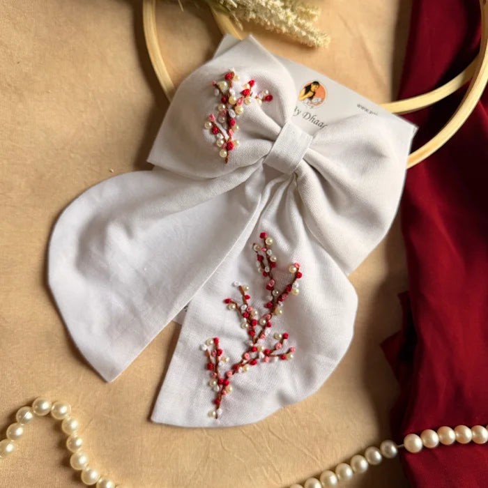 Cherry Blossom Hand Embroidered Bow Hair Clip – White