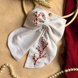 Cherry Blossom Hand Embroidered Bow Hair Clip – White