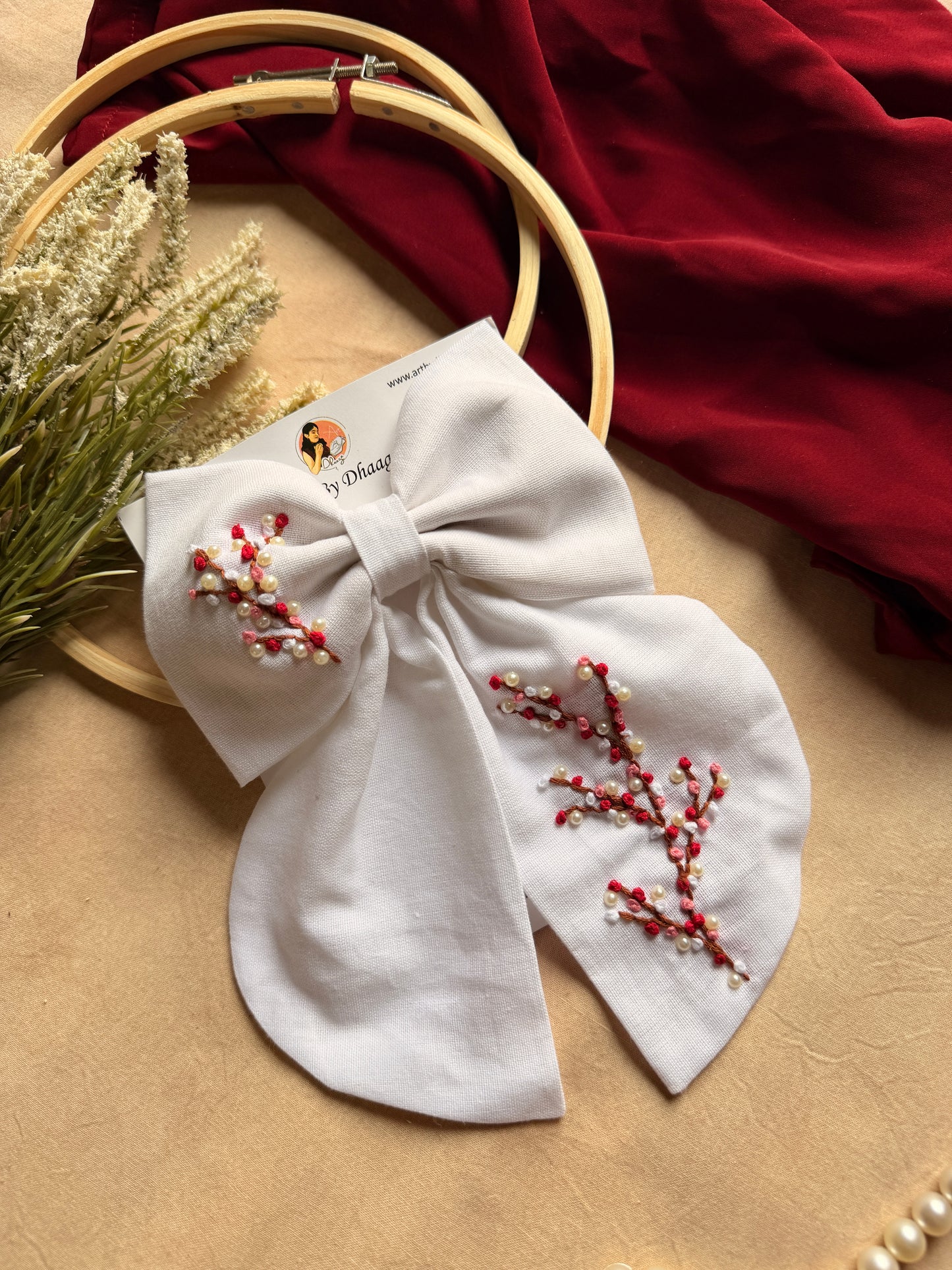 Cherry Blossom Hand Embroidered Bow Hair Clip – White
