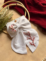 Cherry Blossom Hand Embroidered Bow Hair Clip – White