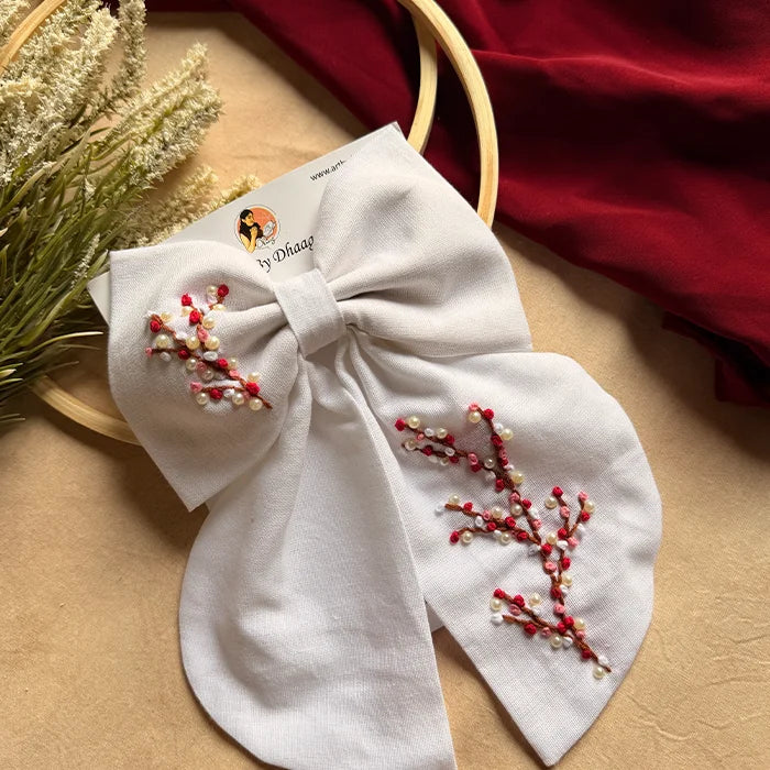 Cherry Blossom Hand Embroidered Bow Hair Clip – White
