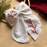 Cherry Blossom Hand Embroidered Bow Hair Clip – White