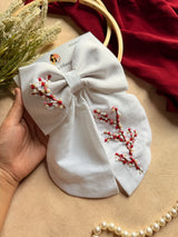 Cherry Blossom Hand Embroidered Bow Hair Clip – White