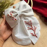 Cherry Blossom Hand Embroidered Bow Hair Clip – White