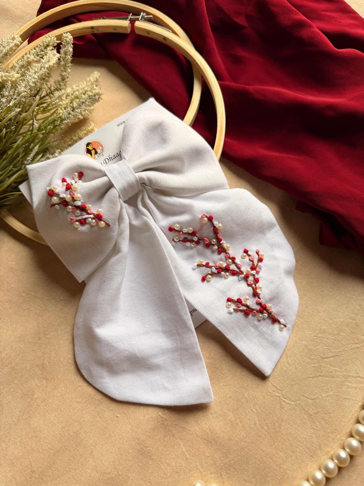 Cherry Blossom Hand Embroidered Bow Hair Clip – White