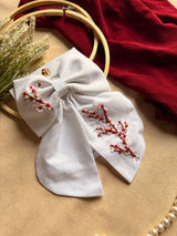 Cherry Blossom Hand Embroidered Bow Hair Clip – White