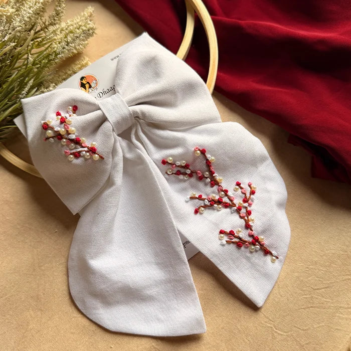 Cherry Blossom Hand Embroidered Bow Hair Clip – White