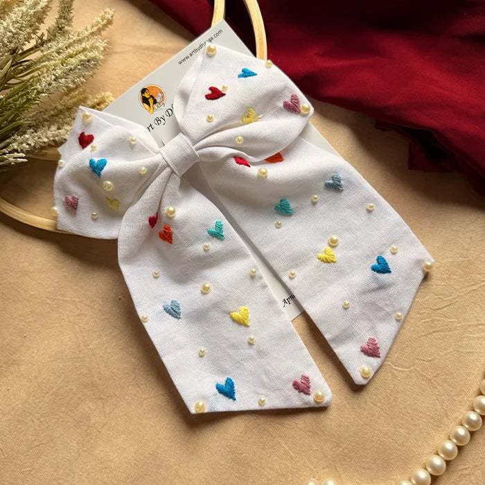 Cupid Embrace Hand Embroidered Heart Bow Hair Clip – White