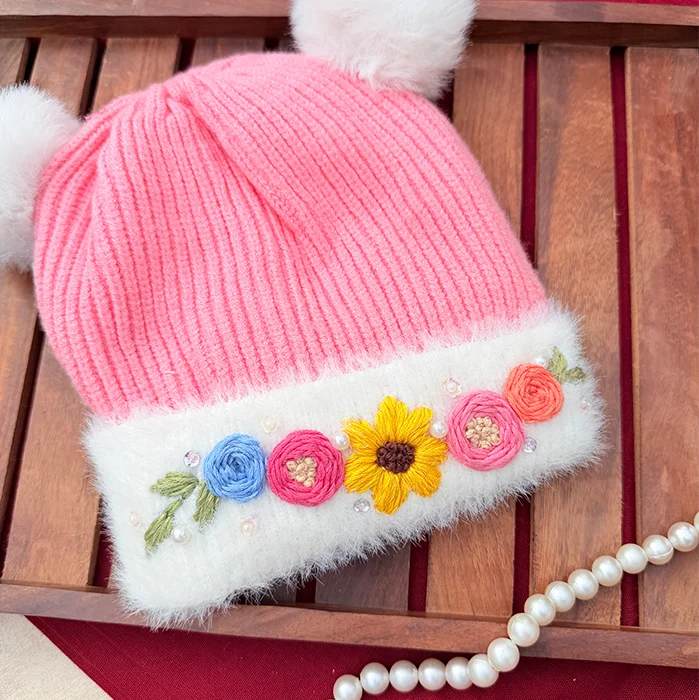Pinkies Winter Pom-Pom – Hand Embroidered Floral Pink Winter Cap