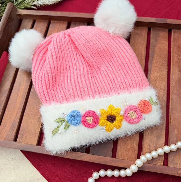 Pinkies Winter Pom-Pom – Hand Embroidered Floral Pink Winter Cap