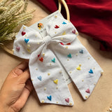 Cupid Embrace Hand Embroidered Heart Bow Hair Clip – White