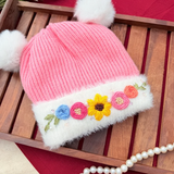 Pinkies Winter Pom-Pom – Hand Embroidered Floral Pink Winter Cap