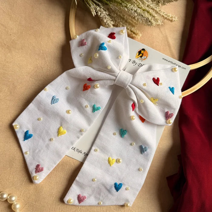 Cupid Embrace Hand Embroidered Heart Bow Hair Clip – White