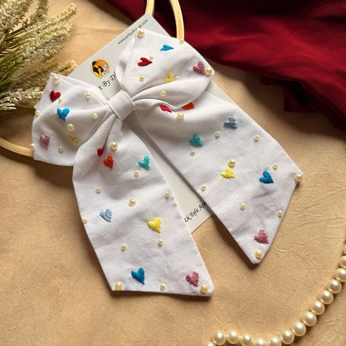 Cupid Embrace Hand Embroidered Heart Bow Hair Clip – White