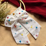 Cupid Embrace Hand Embroidered Heart Bow Hair Clip – White