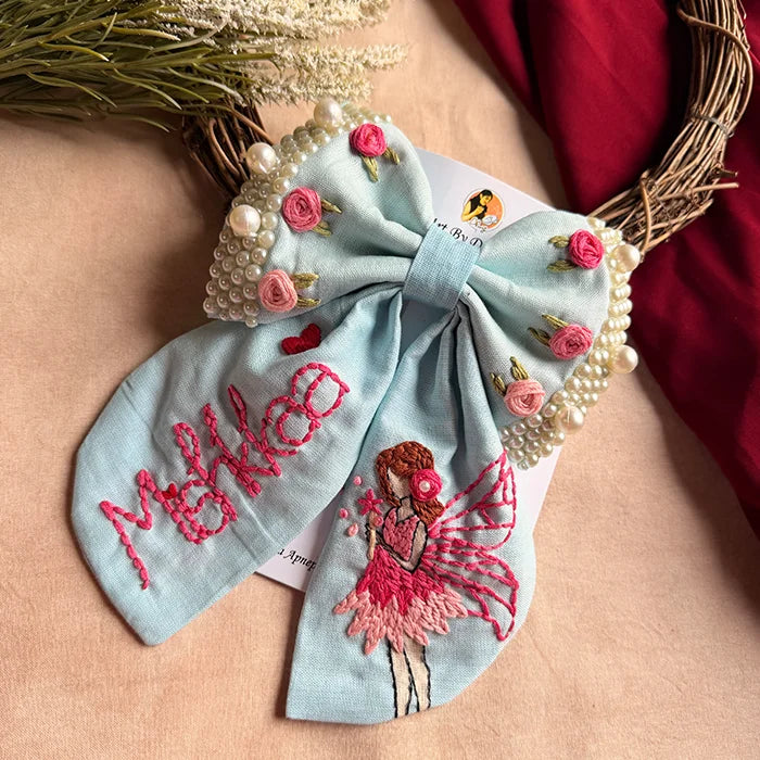 Fairytale Sky Blue Personalized Hand Embroidered Bow Hair Clip