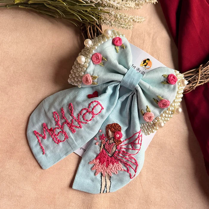 Fairytale Sky Blue Personalized Hand Embroidered Bow Hair Clip
