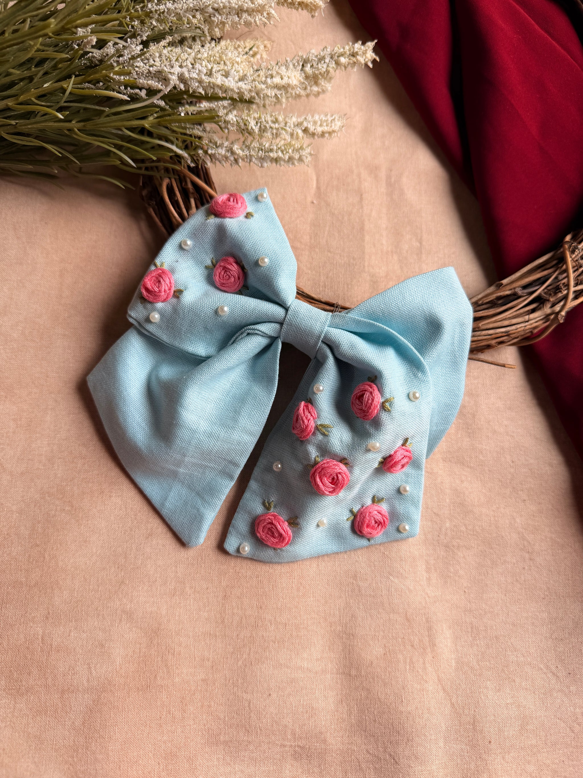 Baby Bloom Sky Blue Hand Embroidered Bow Hair Clip
