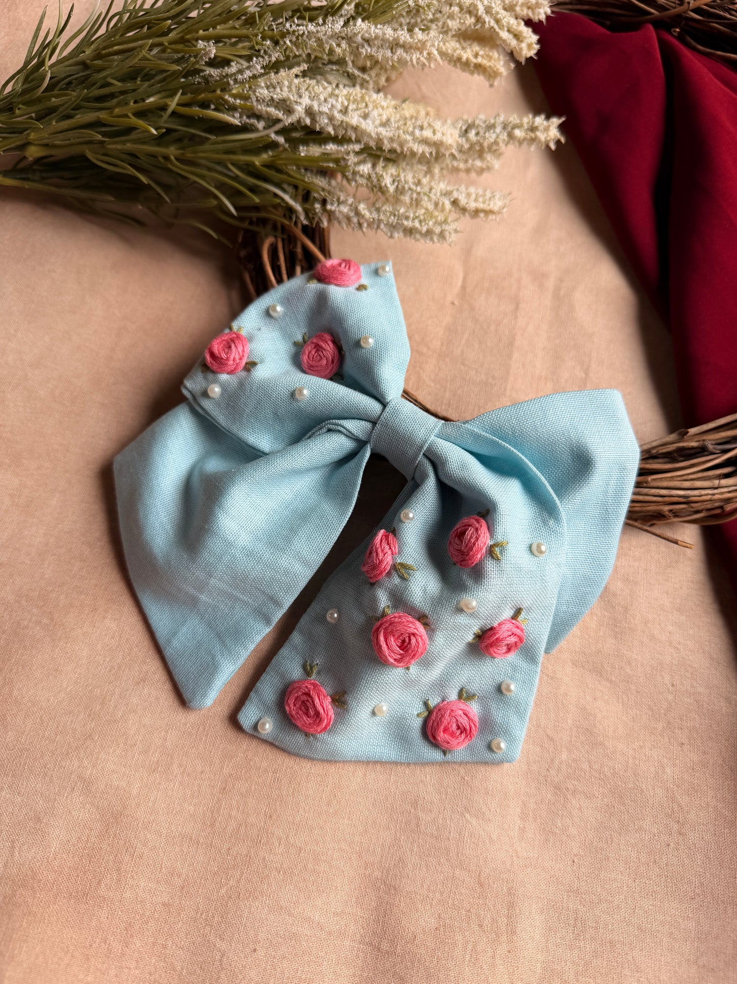 Baby Bloom Sky Blue Hand Embroidered Bow Hair Clip