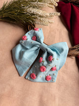 Baby Bloom Sky Blue Hand Embroidered Bow Hair Clip