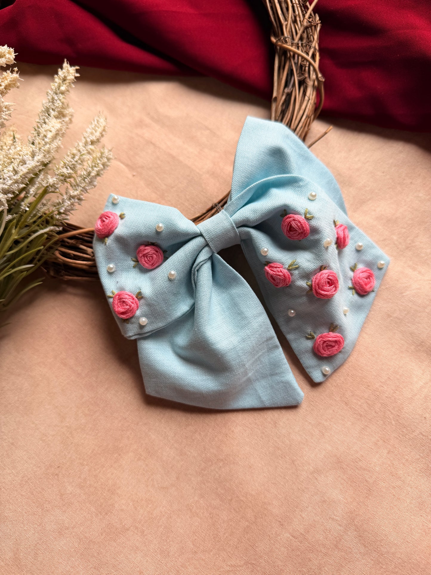 Baby Bloom Sky Blue Hand Embroidered Bow Hair Clip
