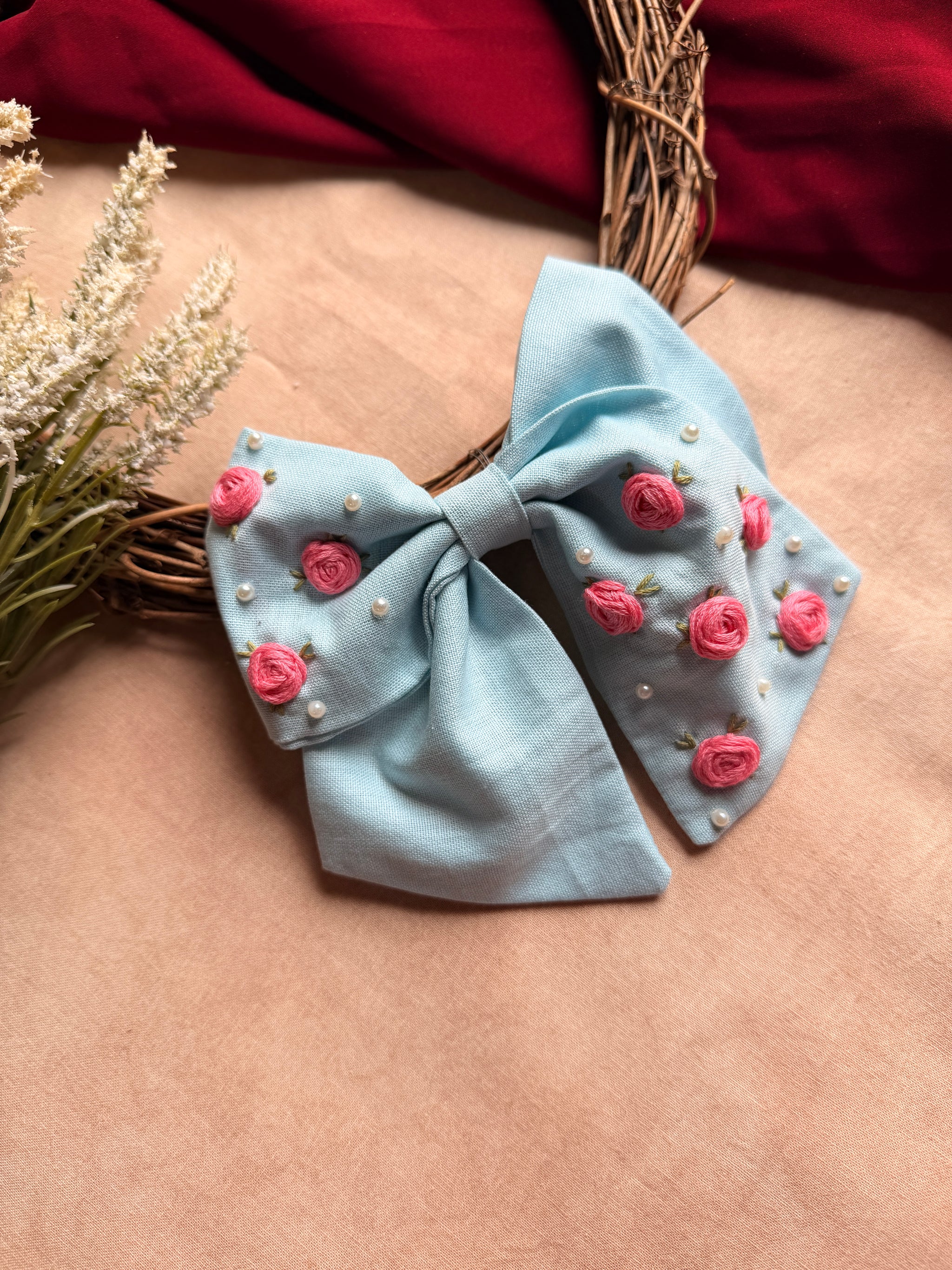 Baby Bloom Sky Blue Hand Embroidered Bow Hair Clip