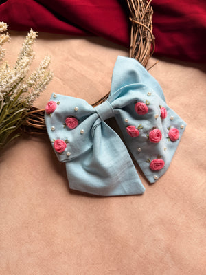 Baby Bloom Sky Blue Hand Embroidered Bow Hair Clip