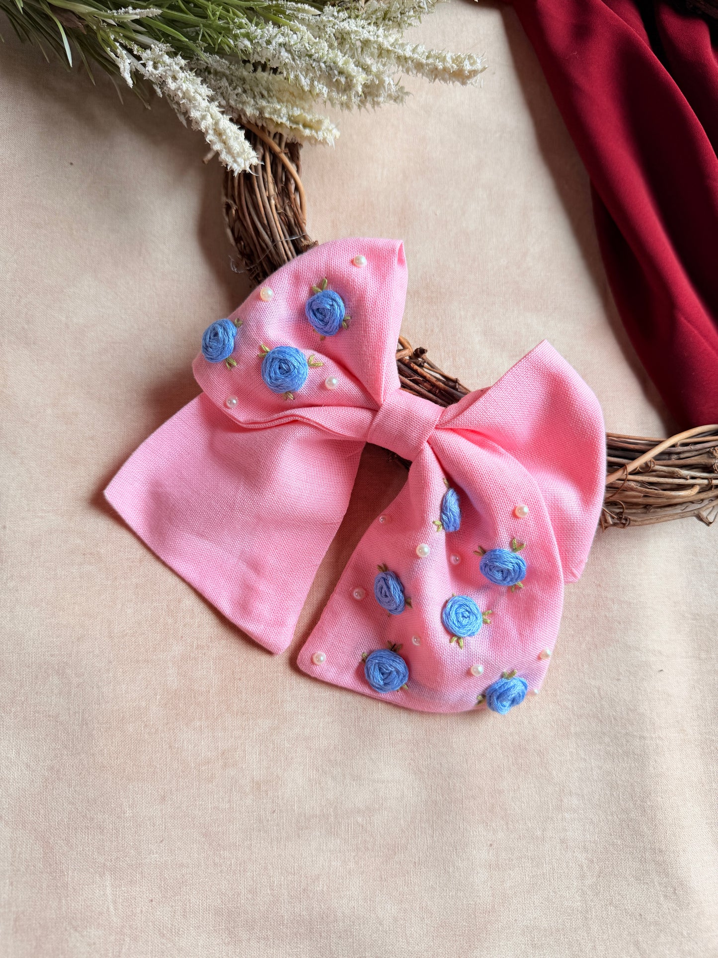Baby Bloom Pink Hand Embroidered Bow Hair Clip