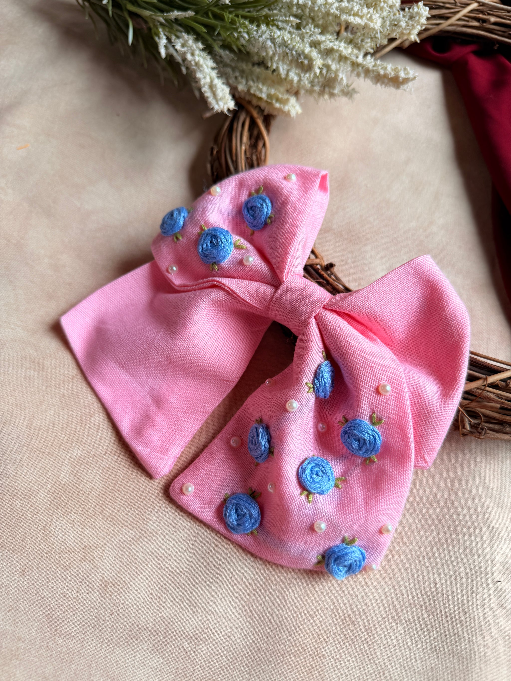 Baby Bloom Pink Hand Embroidered Bow Hair Clip