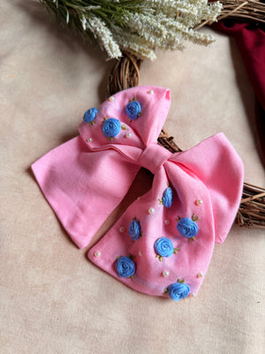 Baby Bloom Pink Hand Embroidered Bow Hair Clip
