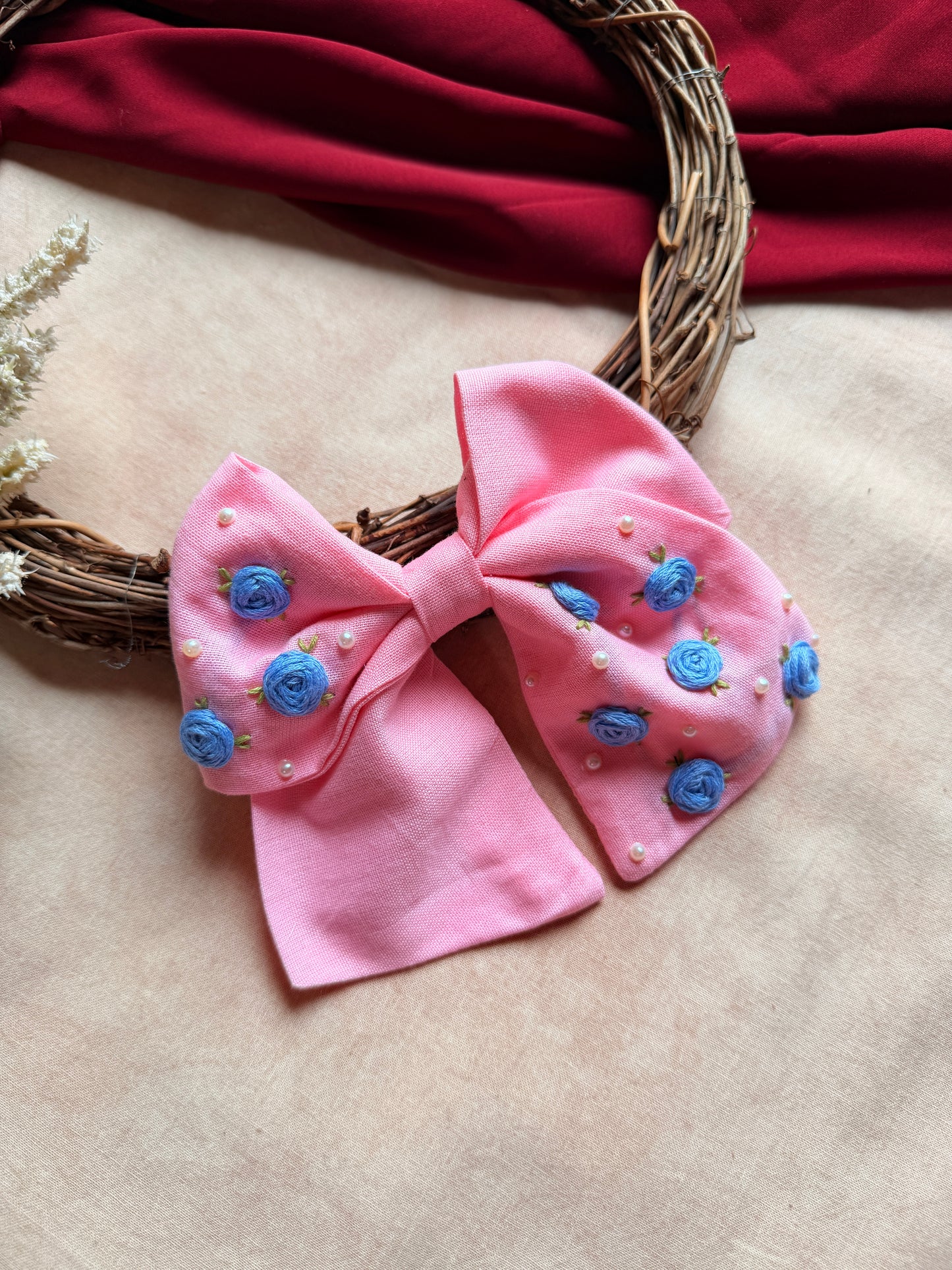 Baby Bloom Pink Hand Embroidered Bow Hair Clip