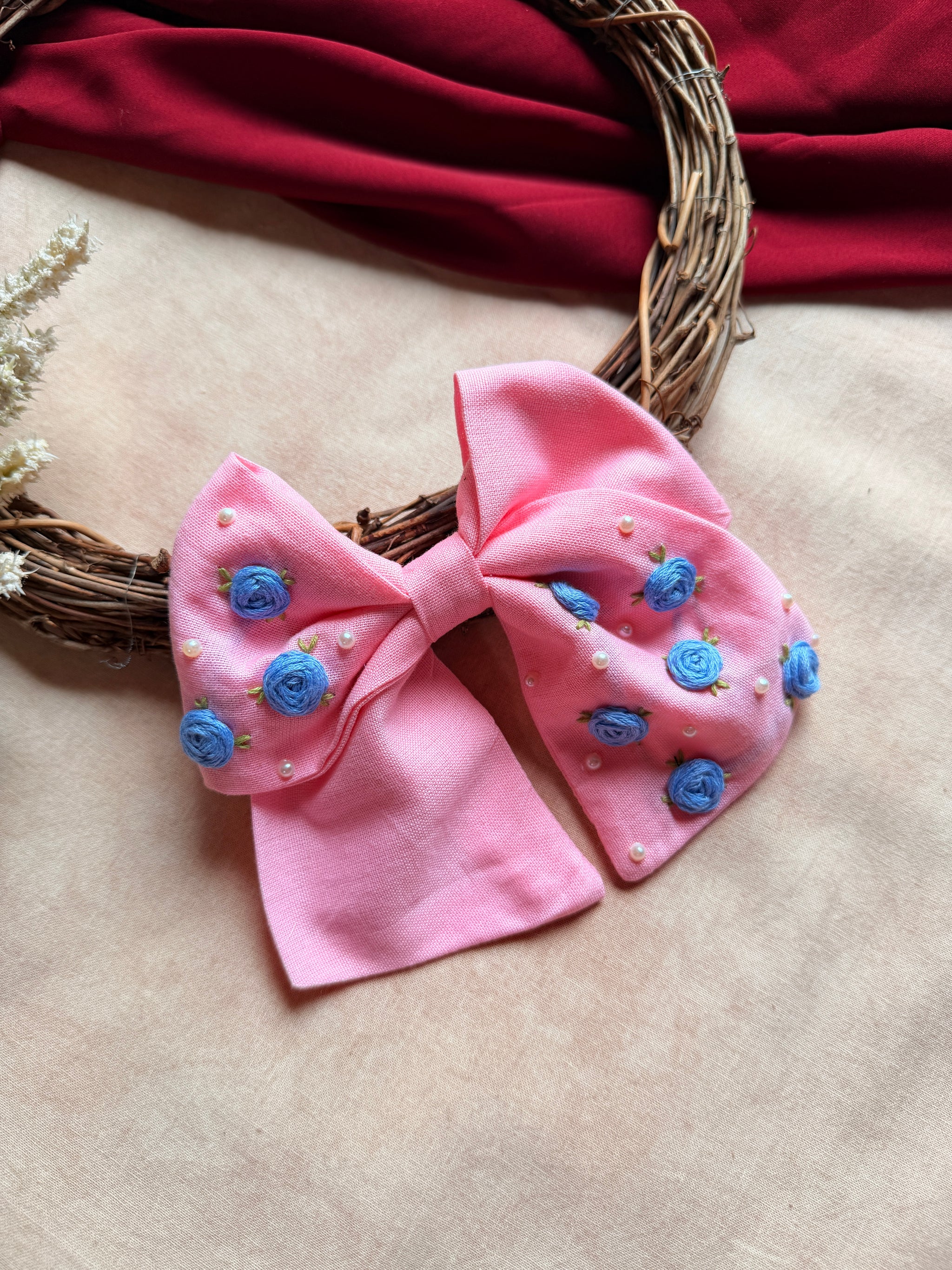 Baby Bloom Pink Hand Embroidered Bow Hair Clip