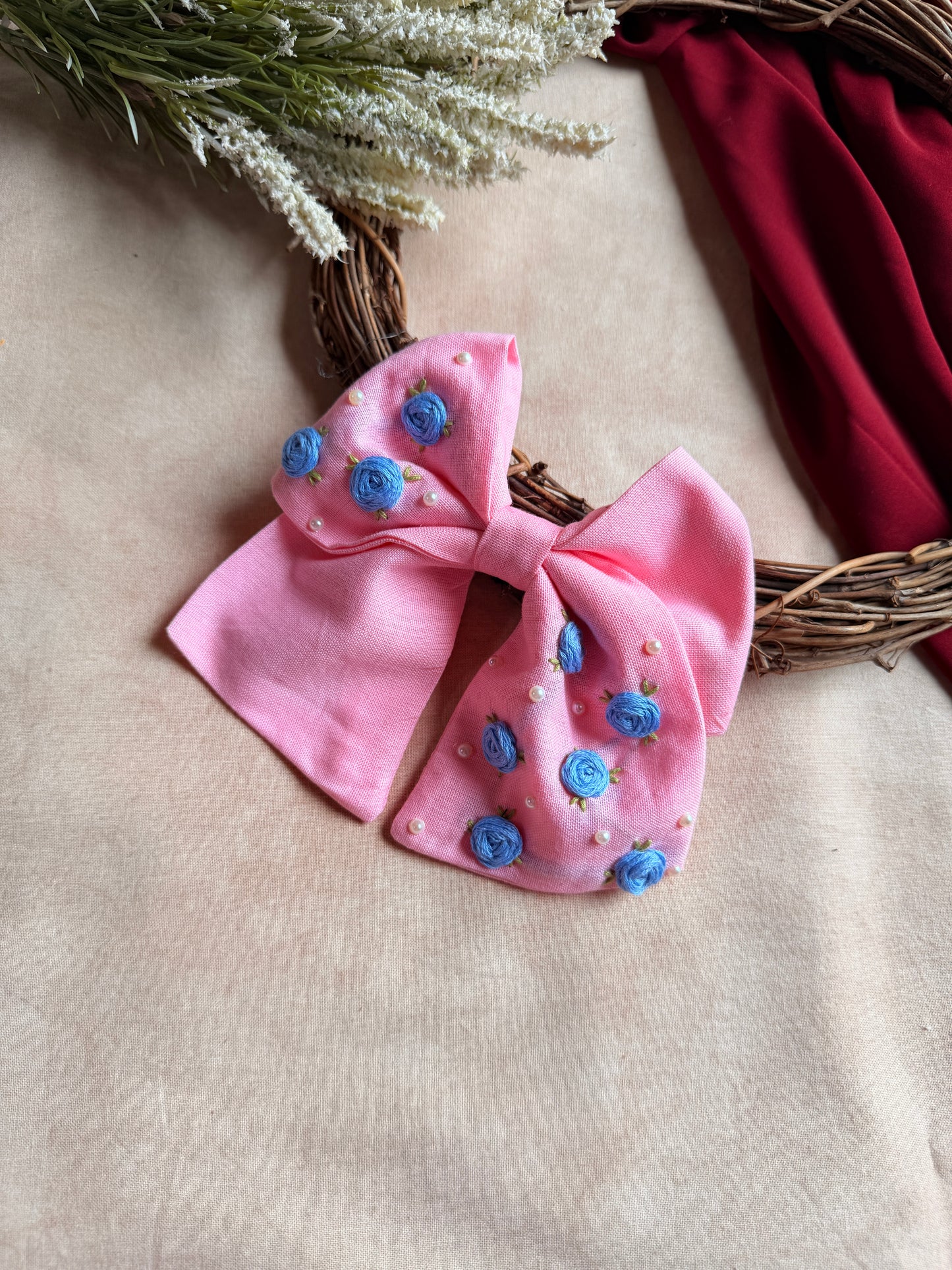 Baby Bloom Pink Hand Embroidered Bow Hair Clip