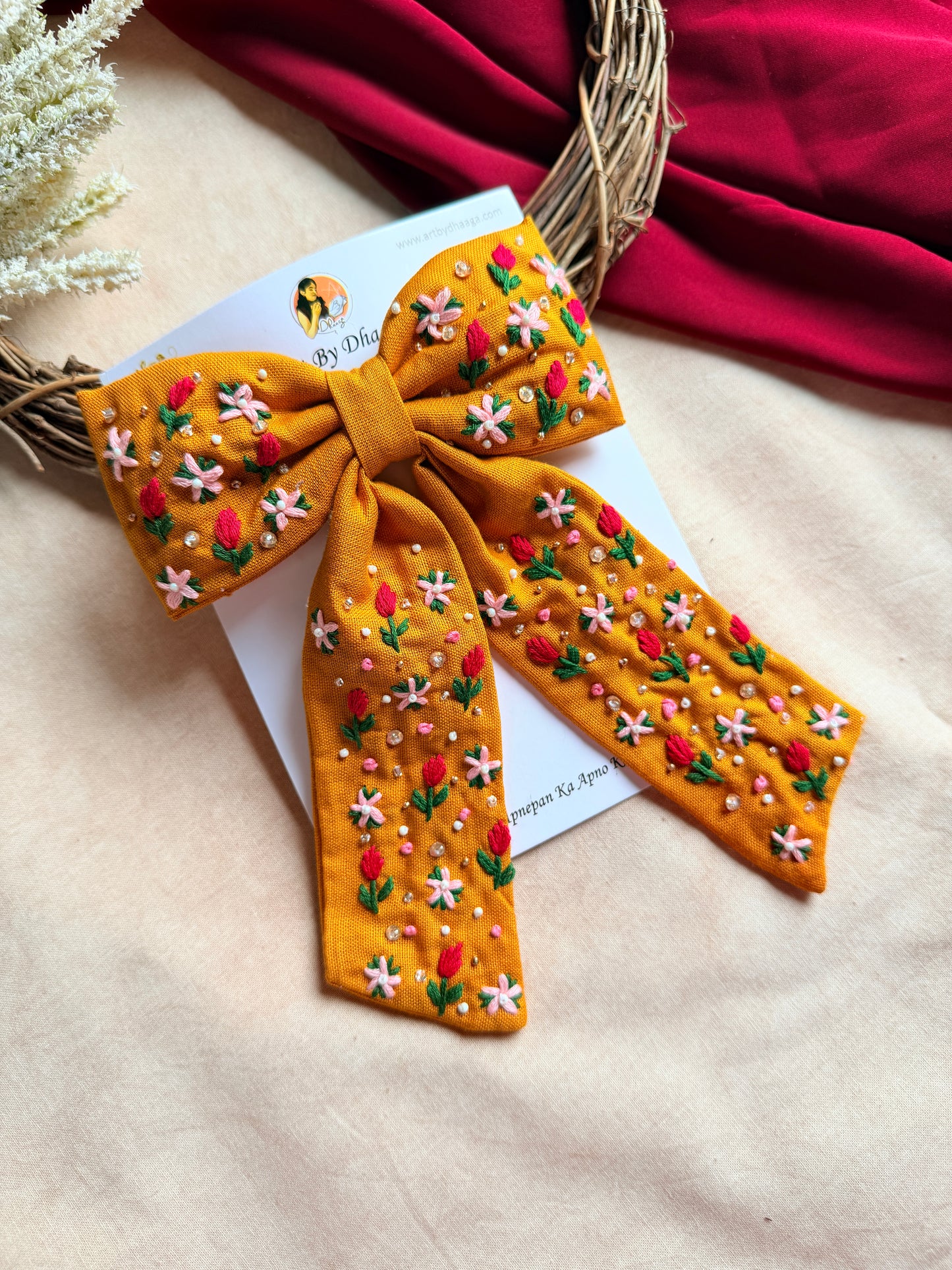 Mustey Yellow Hand Embroidered Floral Bow Hair Clip
