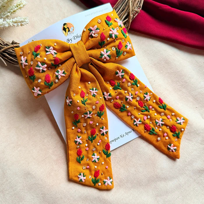 Mustey Yellow Hand Embroidered Floral Bow Hair Clip