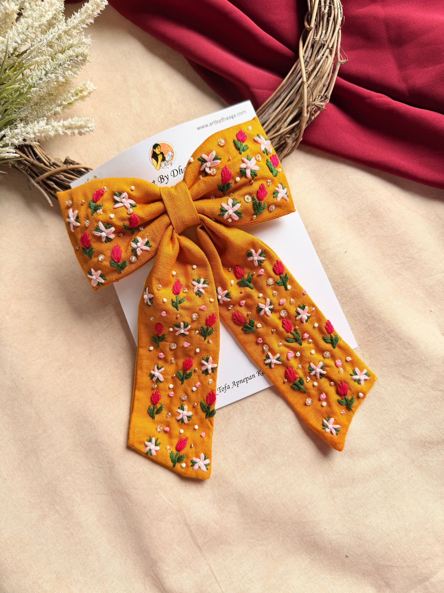 Mustey Yellow Hand Embroidered Floral Bow Hair Clip