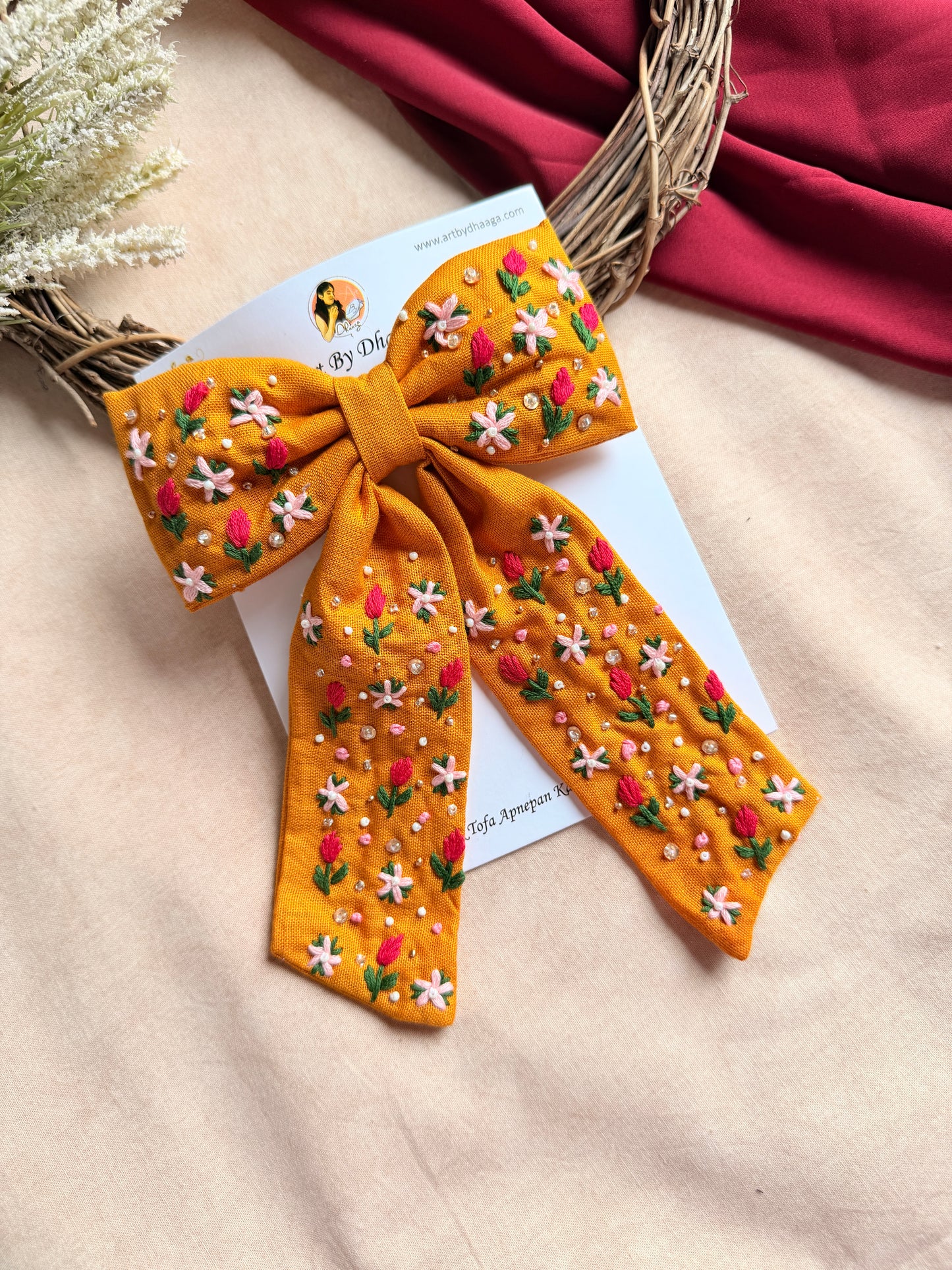 Mustey Yellow Hand Embroidered Floral Bow Hair Clip