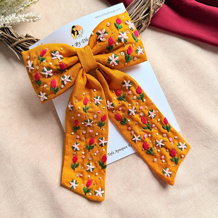 Mustey Yellow Hand Embroidered Floral Bow Hair Clip