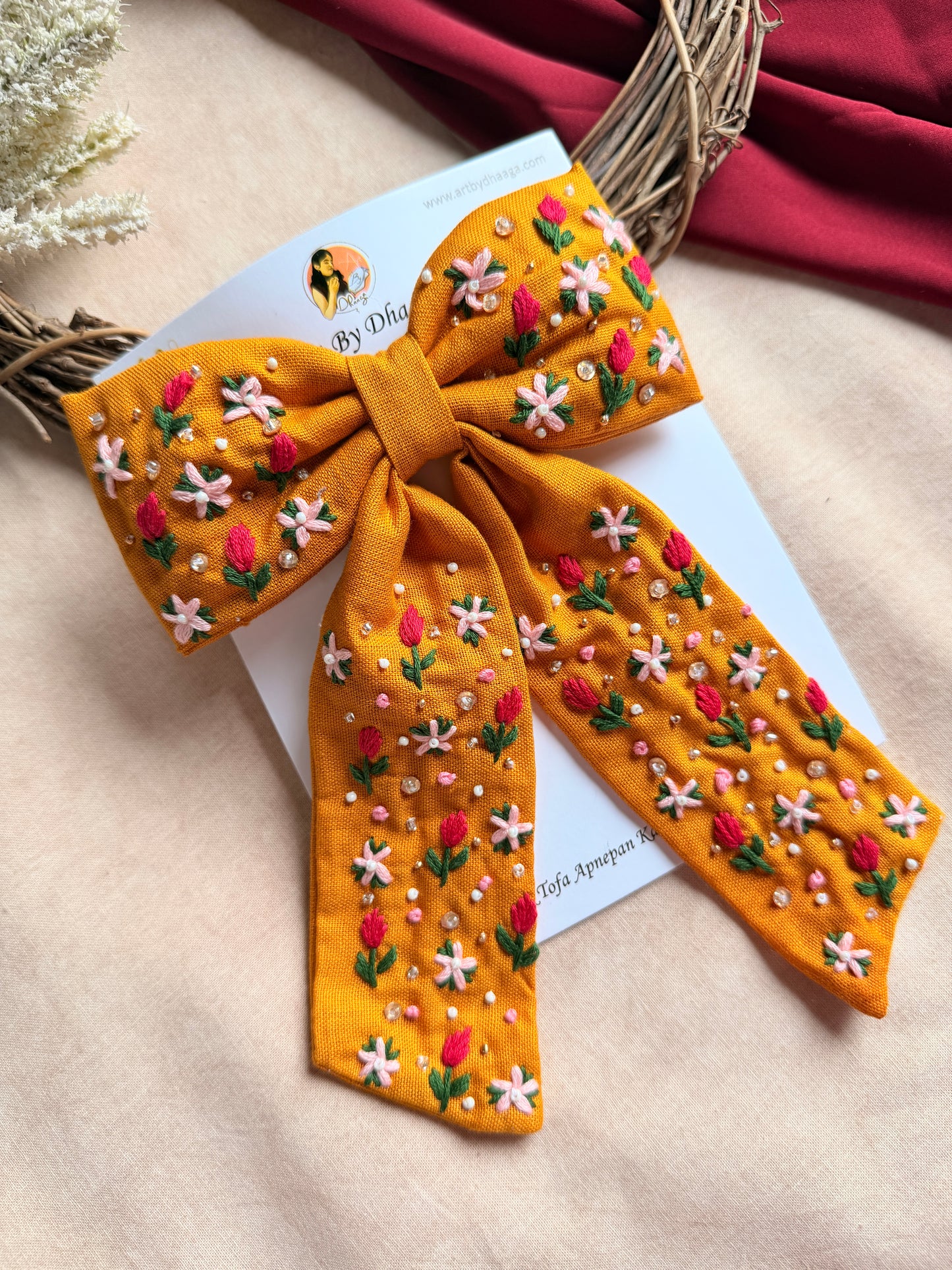 Mustey Yellow Hand Embroidered Floral Bow Hair Clip