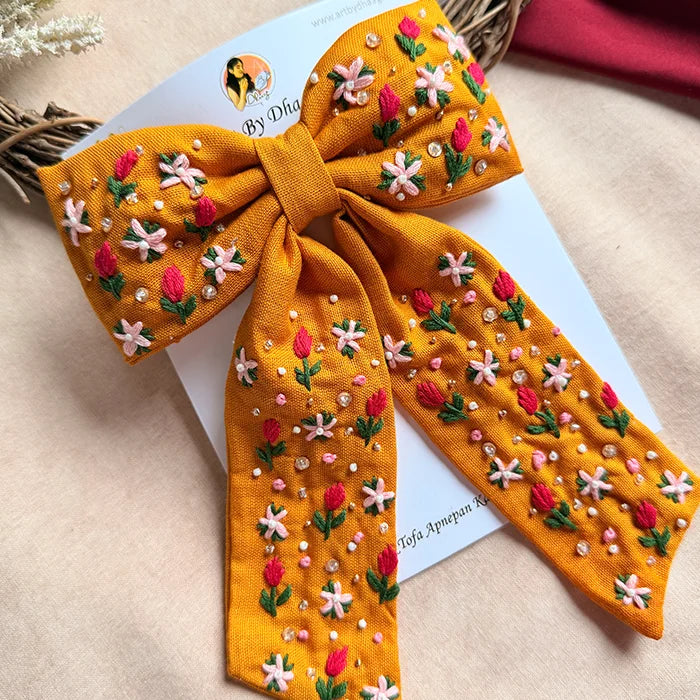 Mustey Yellow Hand Embroidered Floral Bow Hair Clip
