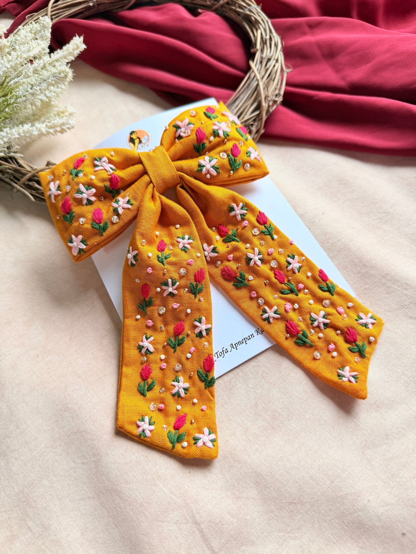Mustey Yellow Hand Embroidered Floral Bow Hair Clip