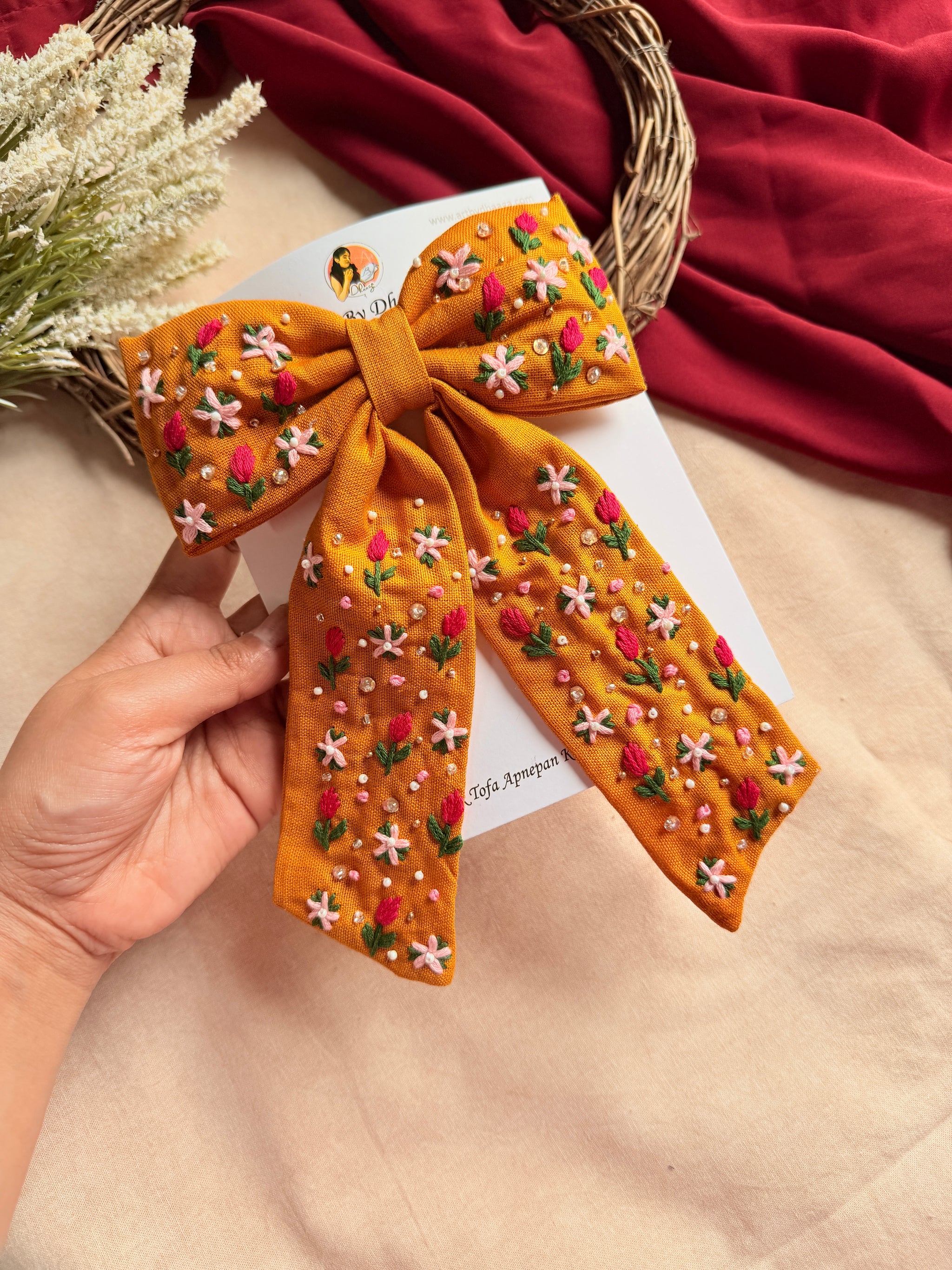 Mustey Yellow Hand Embroidered Floral Bow Hair Clip