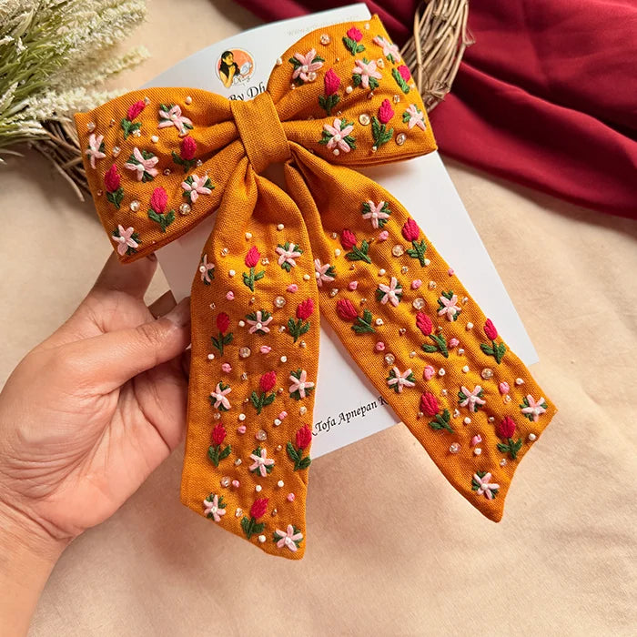 Mustey Yellow Hand Embroidered Floral Bow Hair Clip