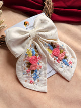 Gazel White Hand Embroidered Bow Hair Clip with Floral Detailing