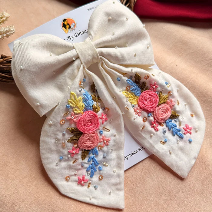 Gazel White Hand Embroidered Bow Hair Clip with Floral Detailing