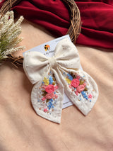 Gazel White Hand Embroidered Bow Hair Clip with Floral Detailing