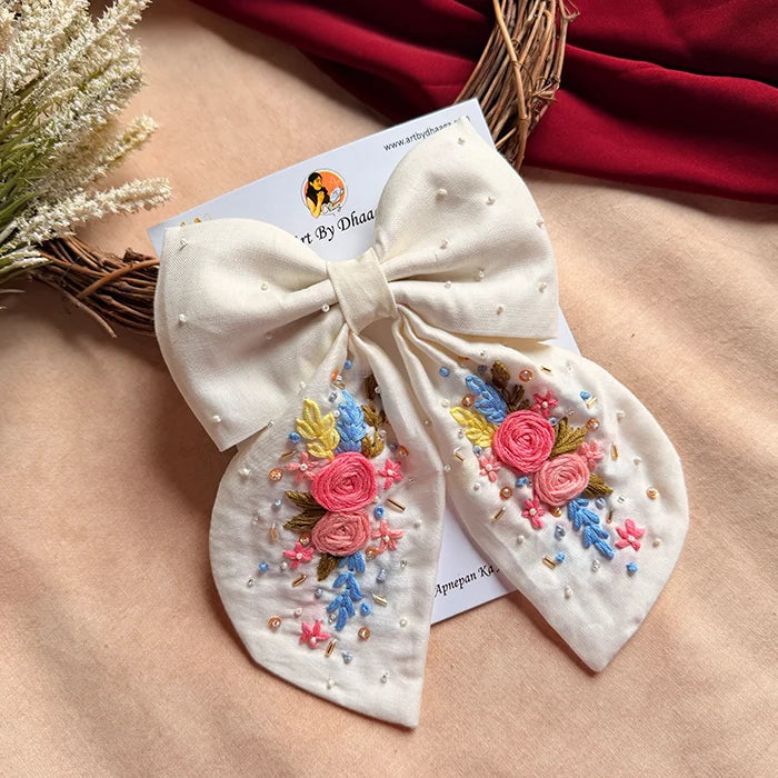 Gazel White Hand Embroidered Bow Hair Clip with Floral Detailing