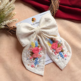 Gazel White Hand Embroidered Bow Hair Clip with Floral Detailing